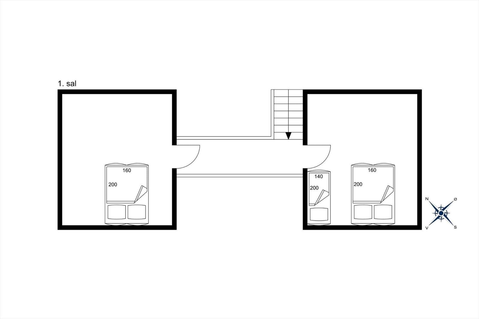 1st floor with living area, two bedrooms, and stairs to lower level.
