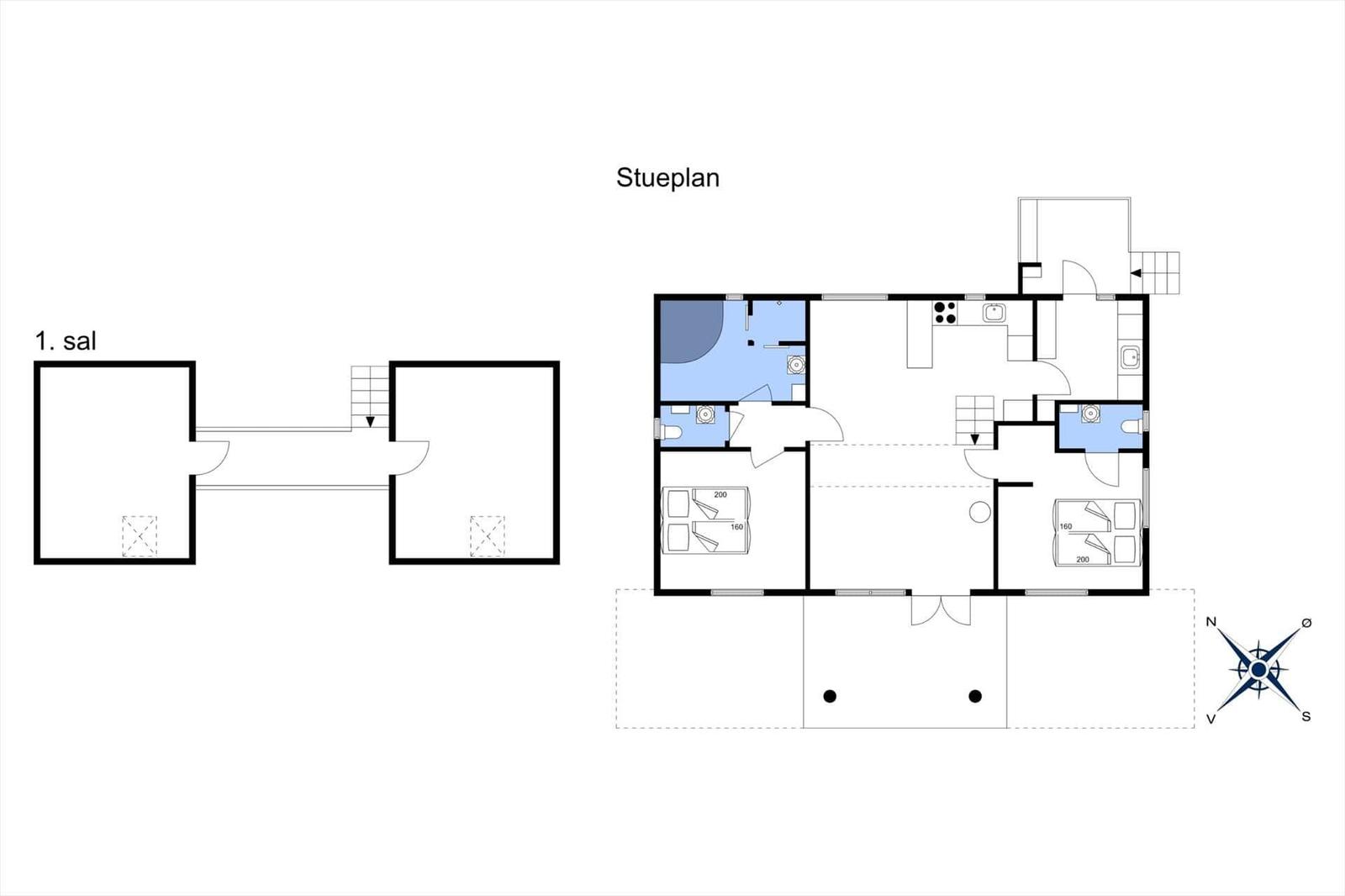 Floor plan shows living areas, bedrooms, bathroom, and kitchen.