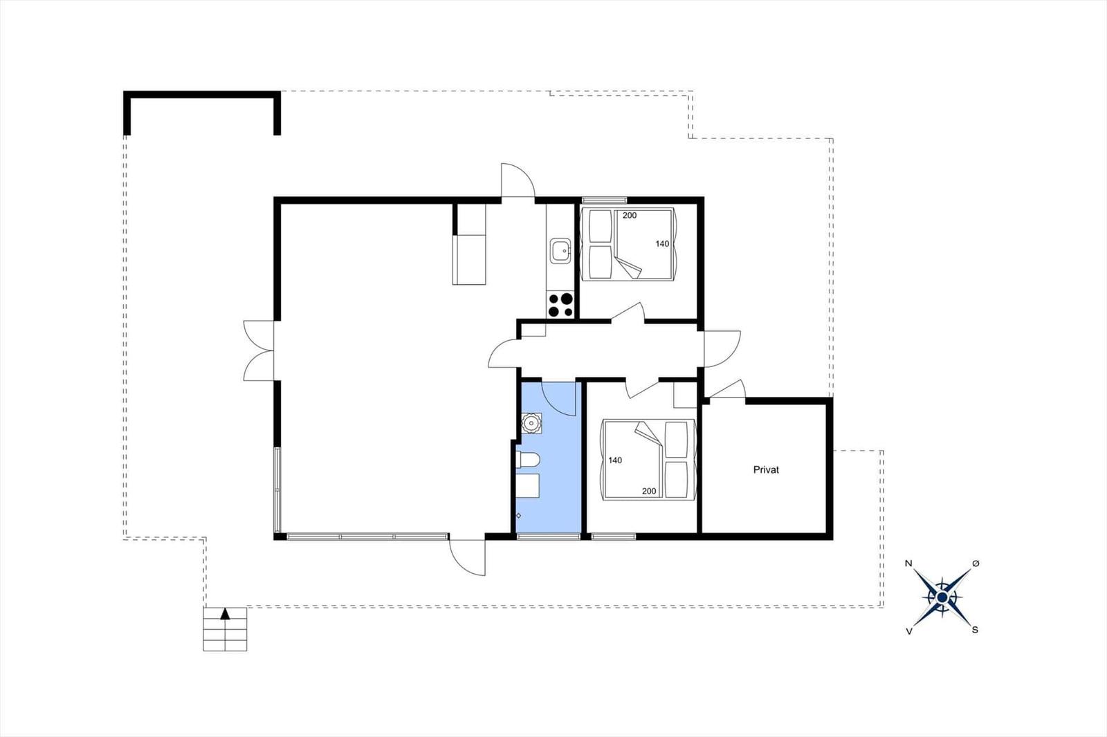 Apartment with kitchen, bathroom, and two bedrooms. Private area available.