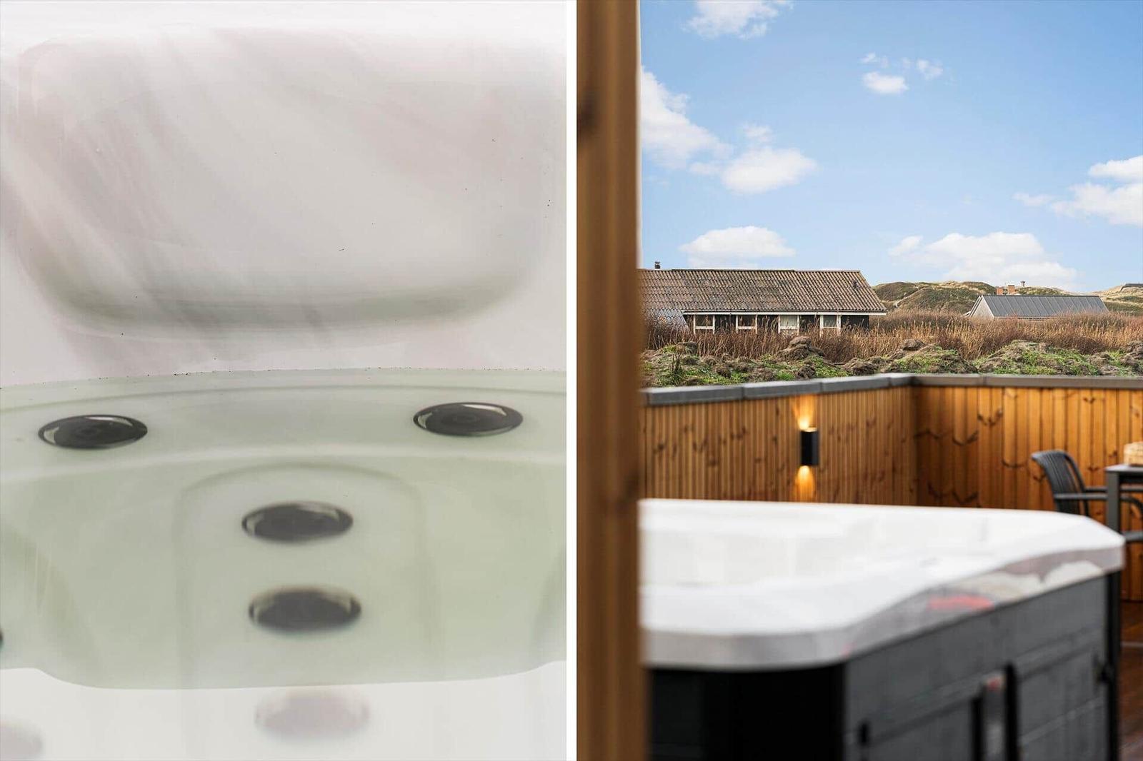 Whirlpool mit Aussicht auf Dünengelände und Himmel