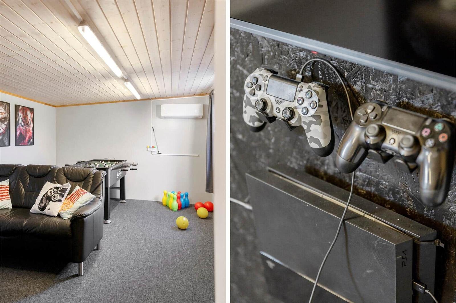 Living area with sofa, foosball table, and toys. PS4 console with controllers.