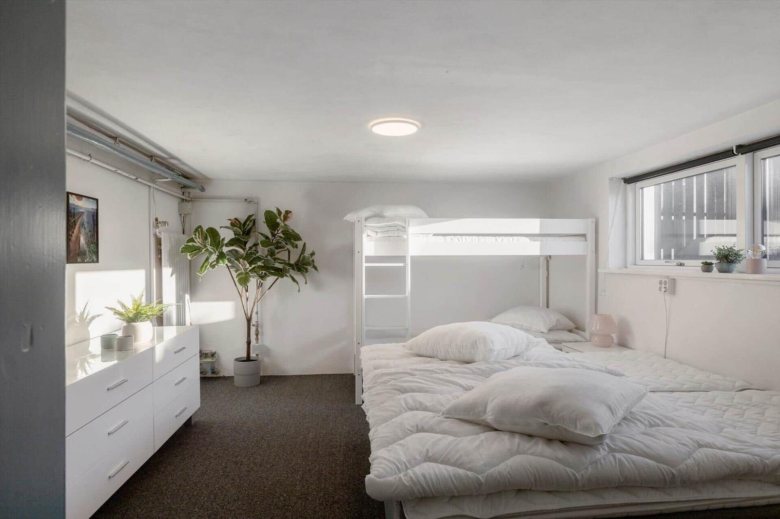 Bedroom with double bed, loft bed, and plants