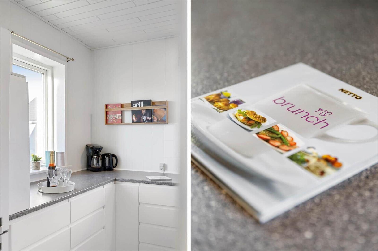 Kitchen with window and coffee machine. Right: cookbook with brunch recipes.