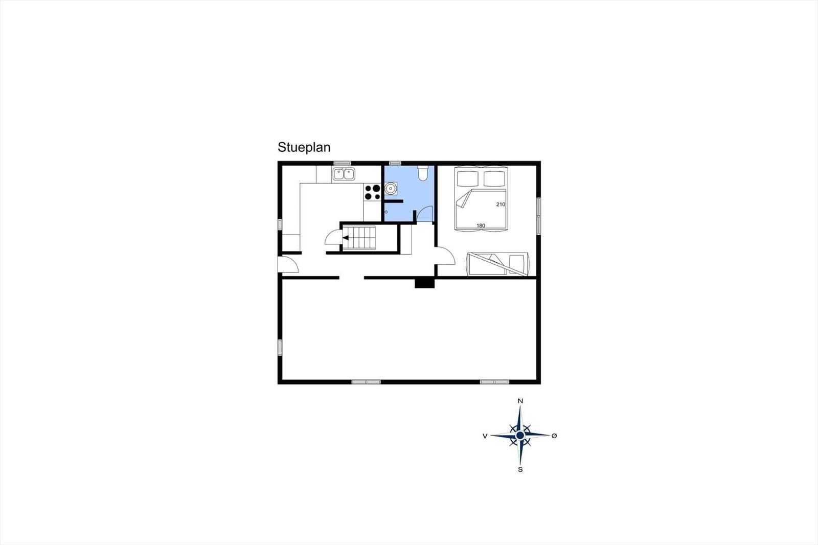 Floor plan shows kitchen, bedroom, and bathroom with dimensions.