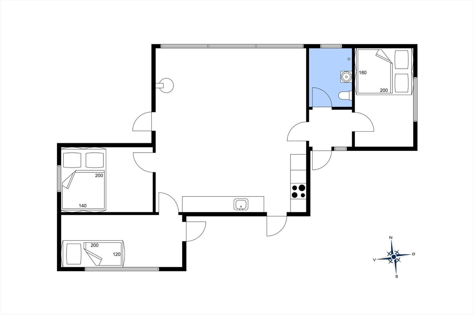Two bedrooms, kitchen, bathroom, and living area with compass.