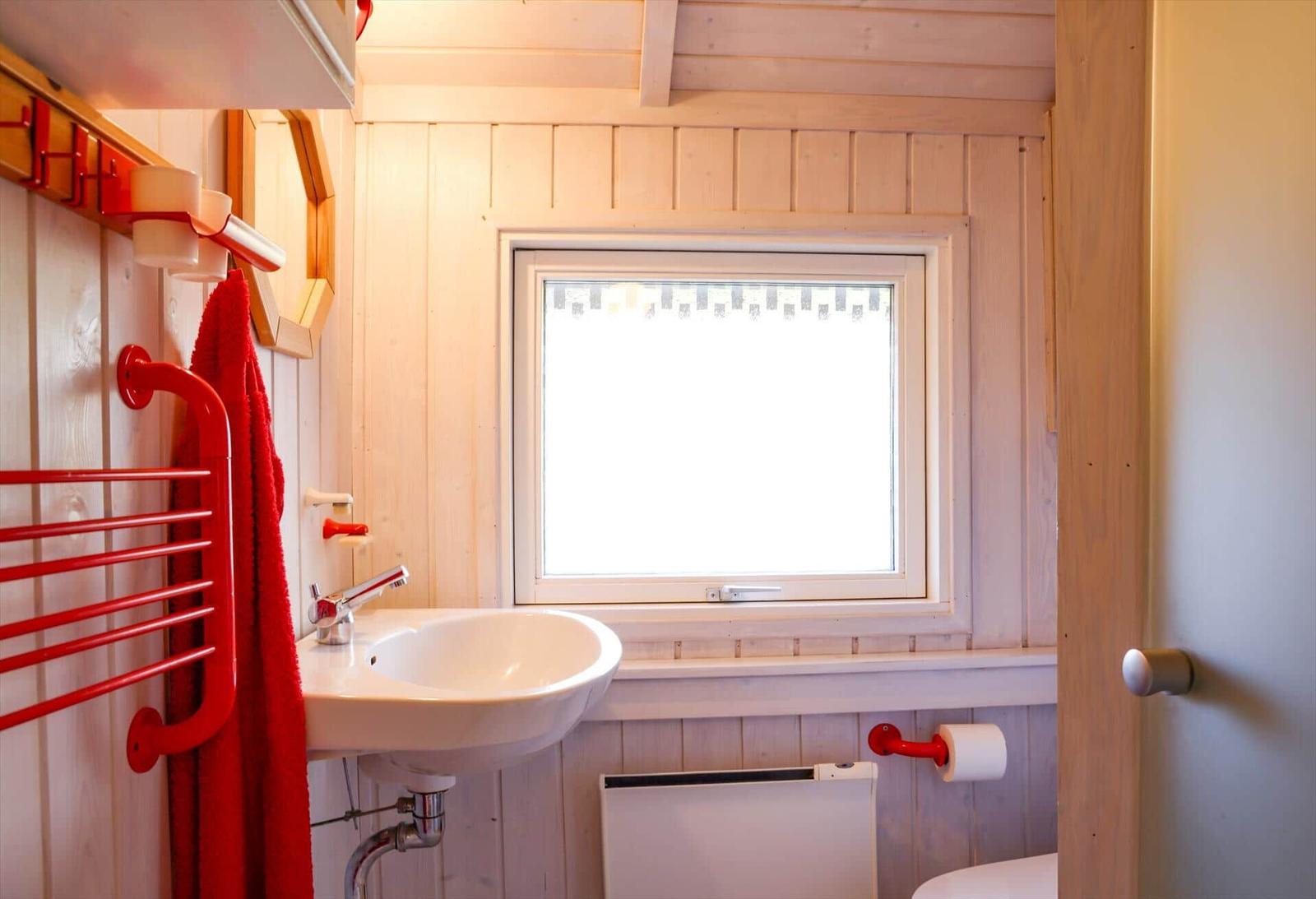 Bathroom with sink, window, and red towel rack.