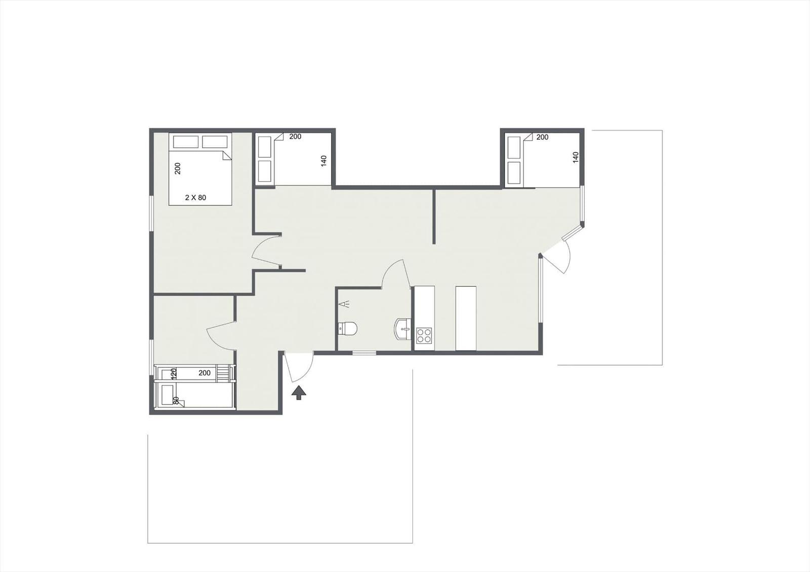 Two-room apartment with kitchen, bathroom, and hallway. Area: 200 square meters.