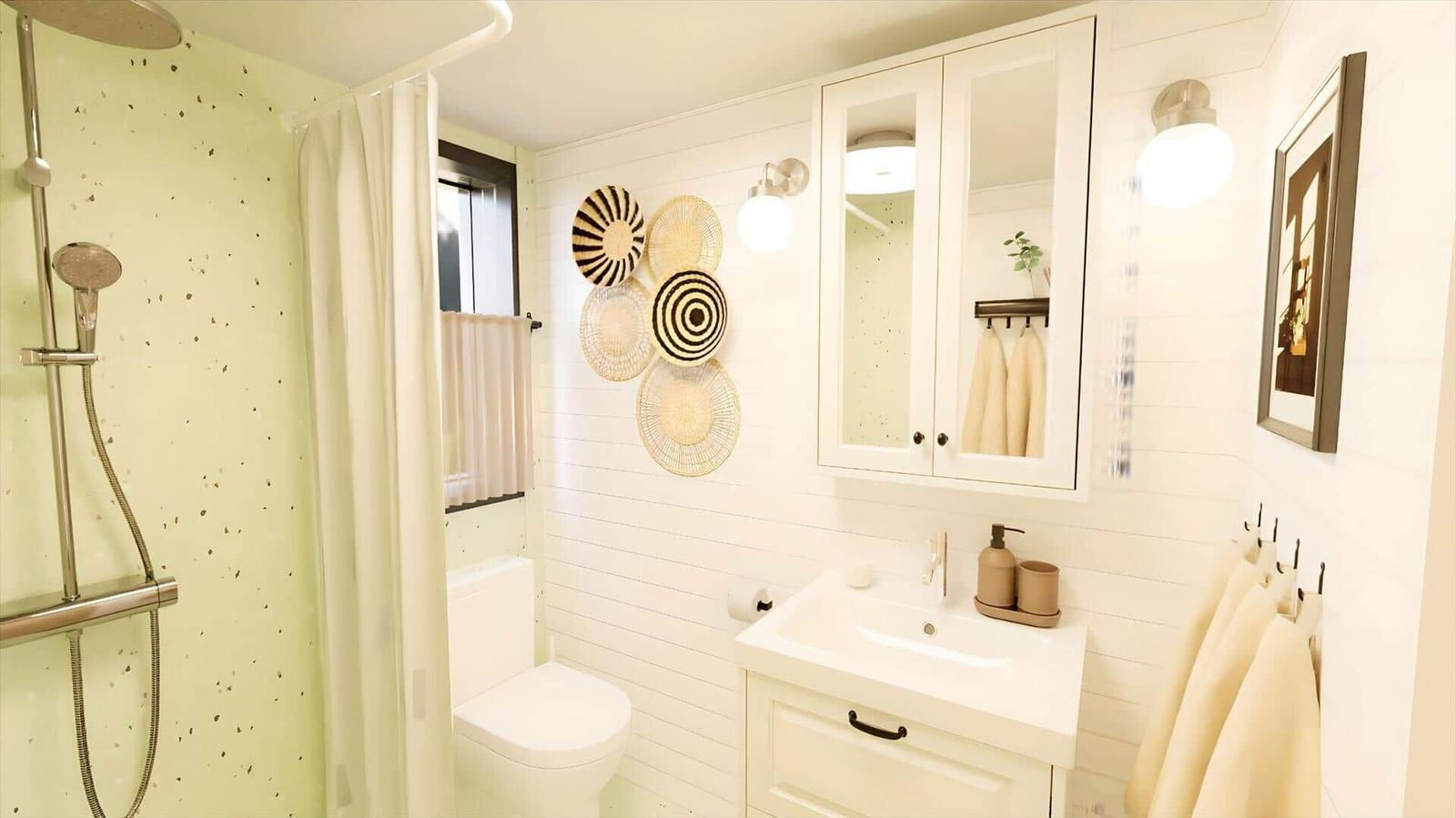 Bathroom with shower, sink, and mirror cabinet. Wall decor and towels hang on walls.