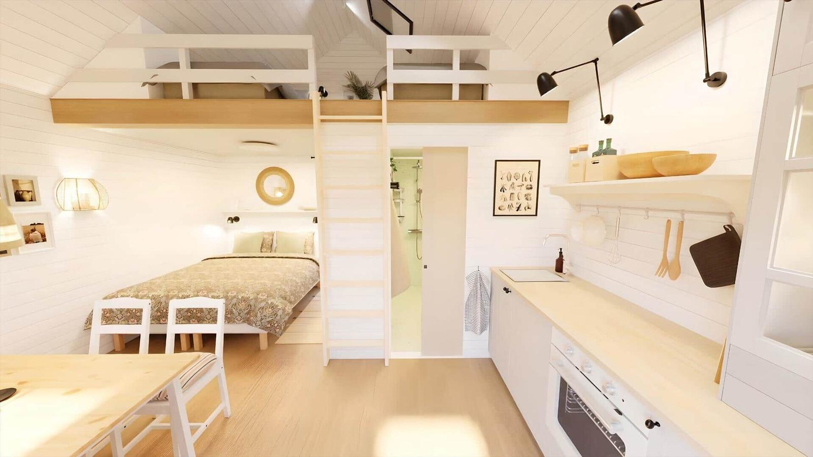Kitchen with countertop, bedroom with double bed and bunk beds.