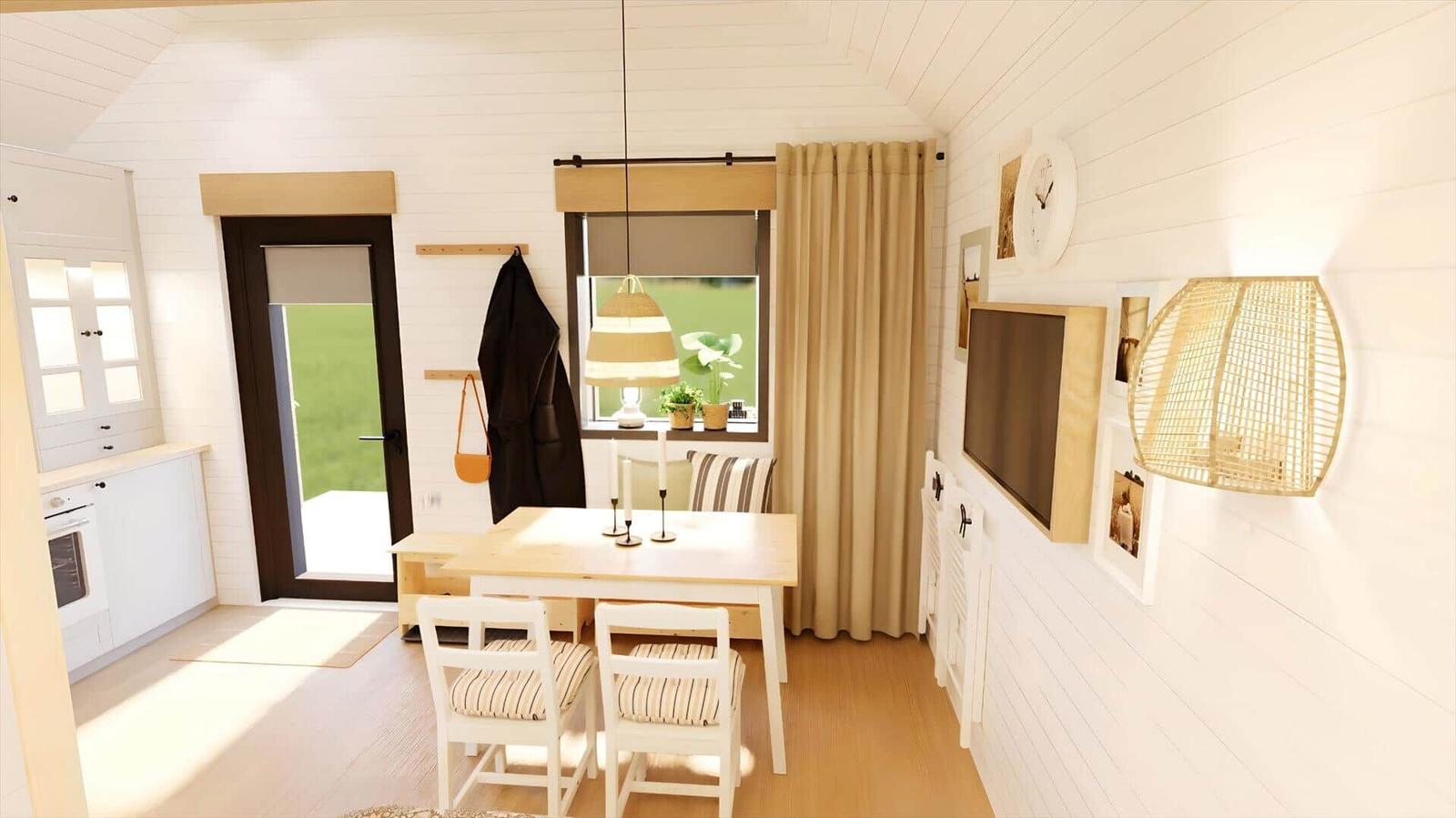 Dining room with table, chairs, and window. Kitchen and TV wall visible.