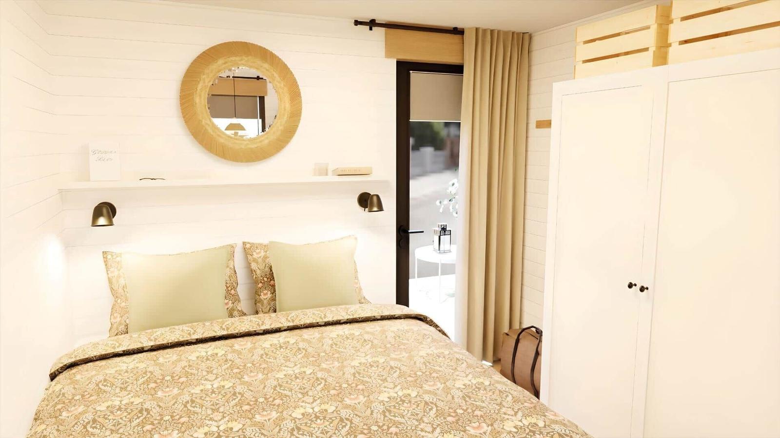 Bedroom with bed, mirror, and curtain