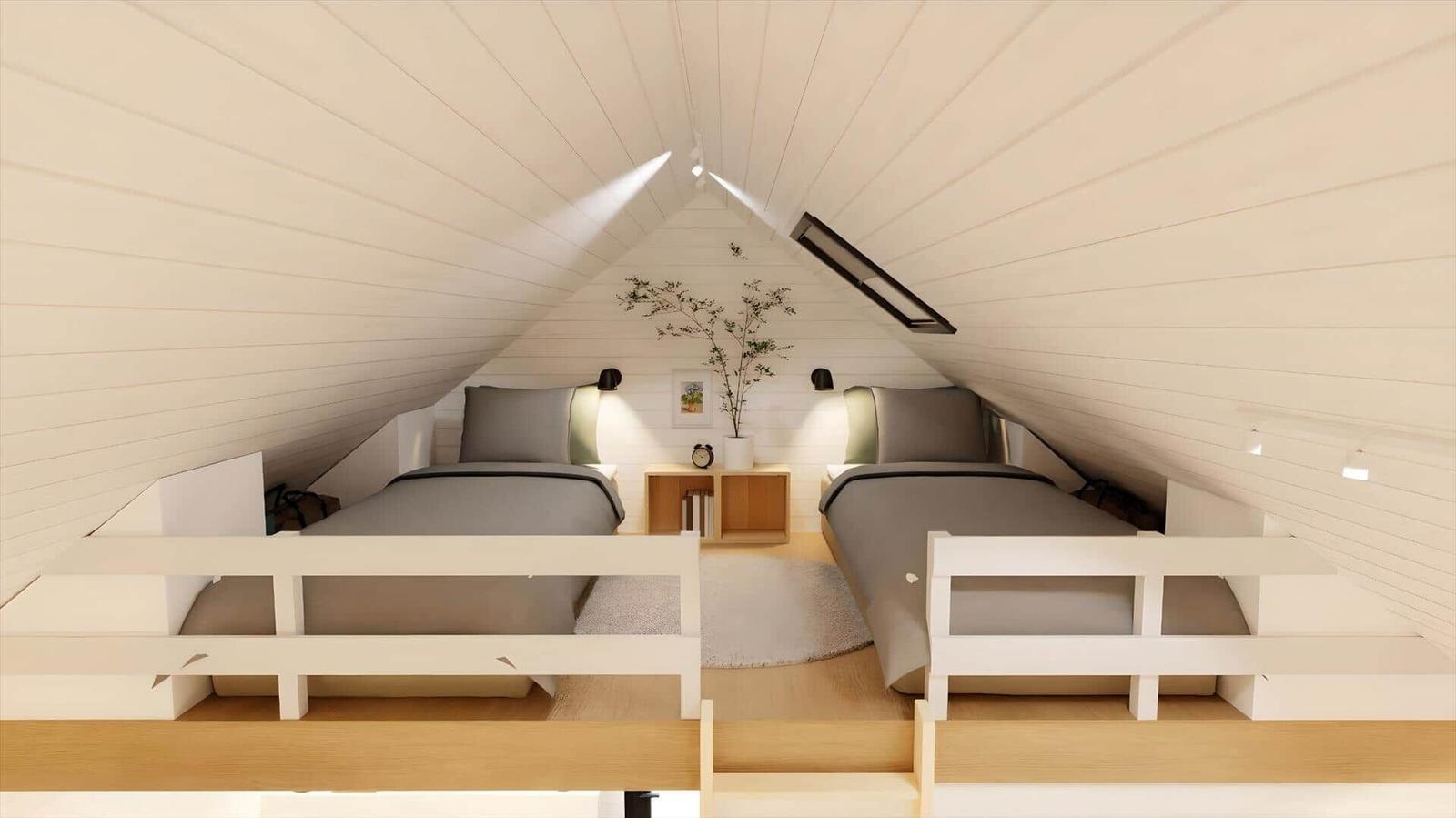 Two beds under sloped ceilings with nightstand and plant.