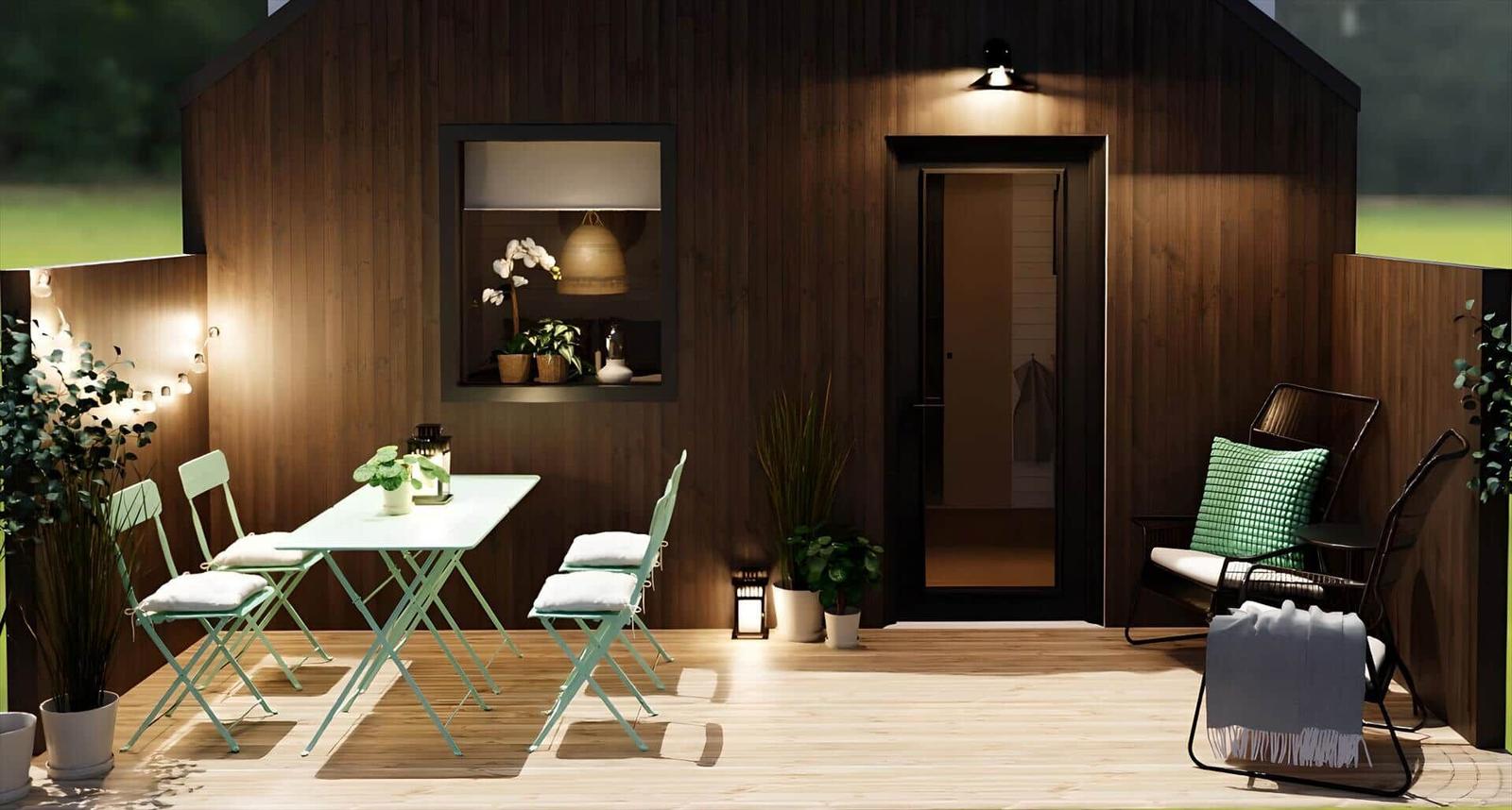 Terrace with table, chairs, and seating. Wooden wall and plants visible.