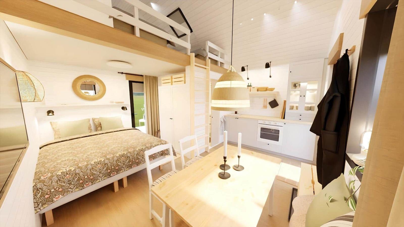 Bedroom with double bed, dining table, and kitchen area under a wooden ceiling.