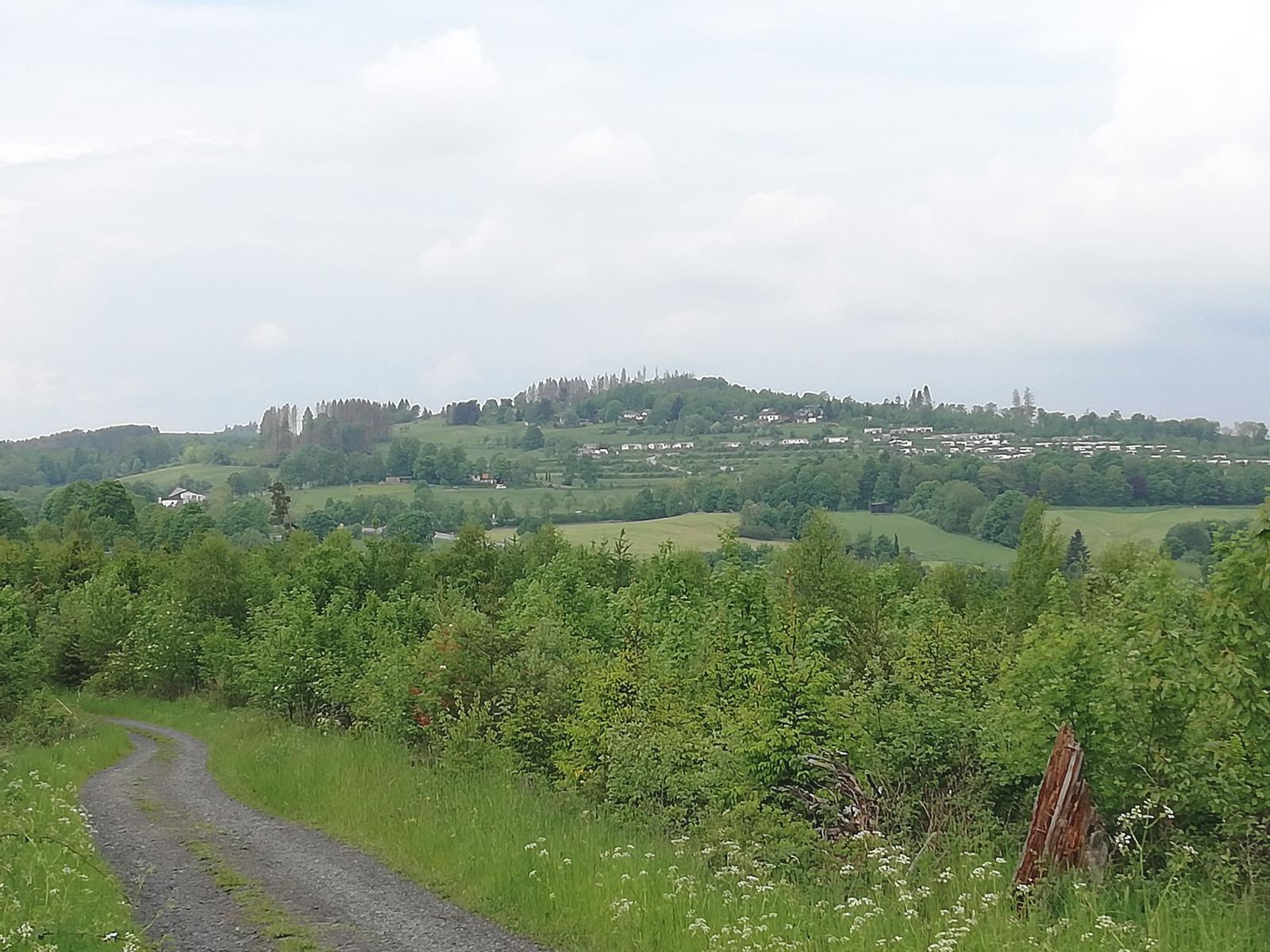 Weg durch Grünland mit Blick auf bewaldete Hügel und Ferienhäuser im Hintergrund.