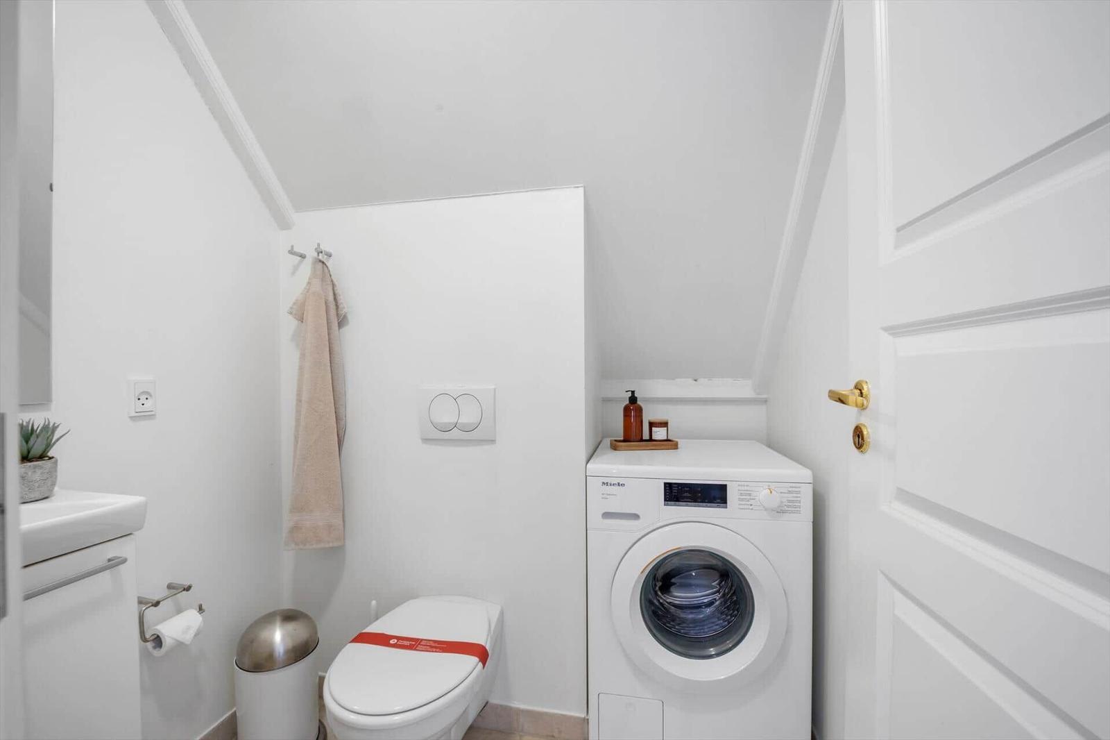 Bathroom with toilet, washing machine, and towel hook on the wall.