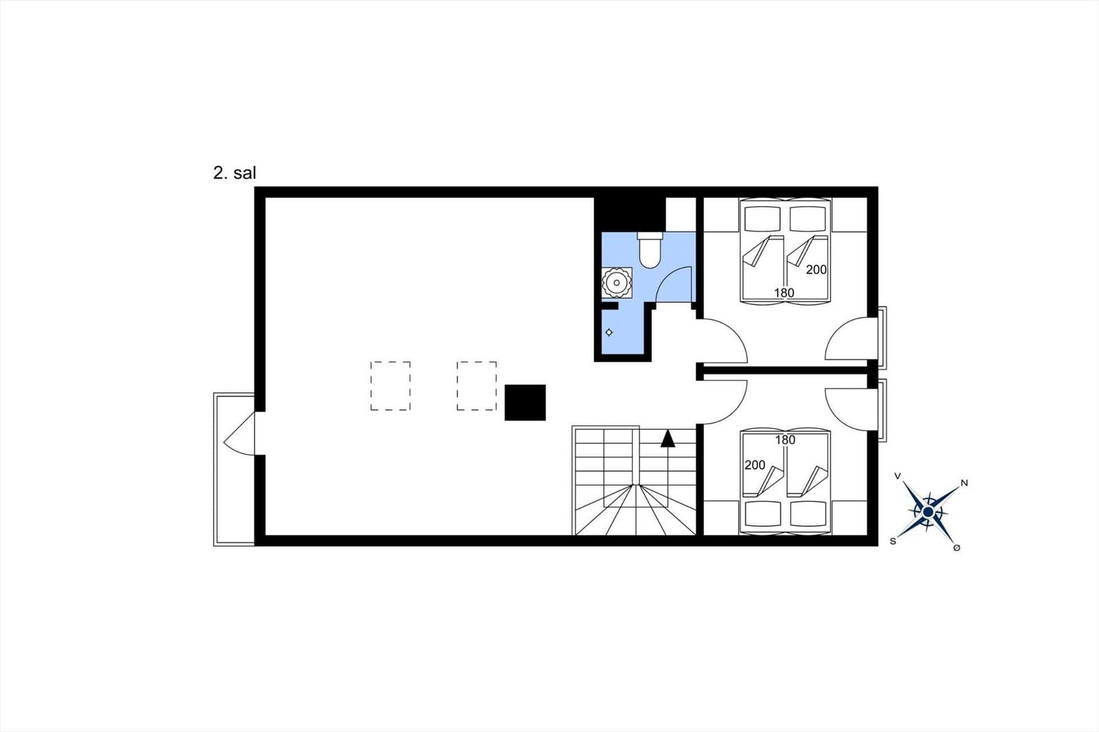 Second floor with two bedrooms, bathroom, and staircase to first floor.