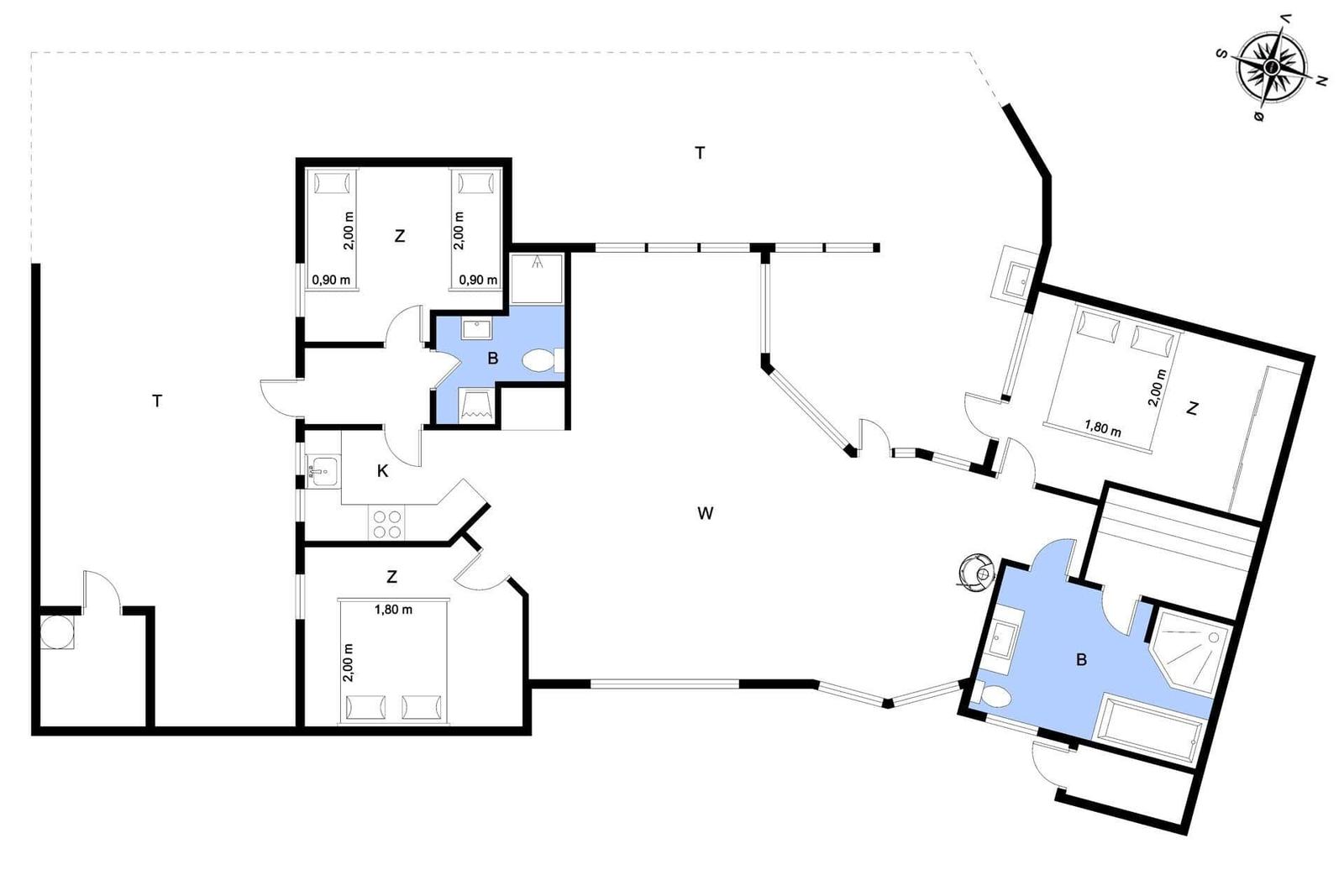 Apartment with two bedrooms, kitchen, and two bathrooms. Hallway with stairs.