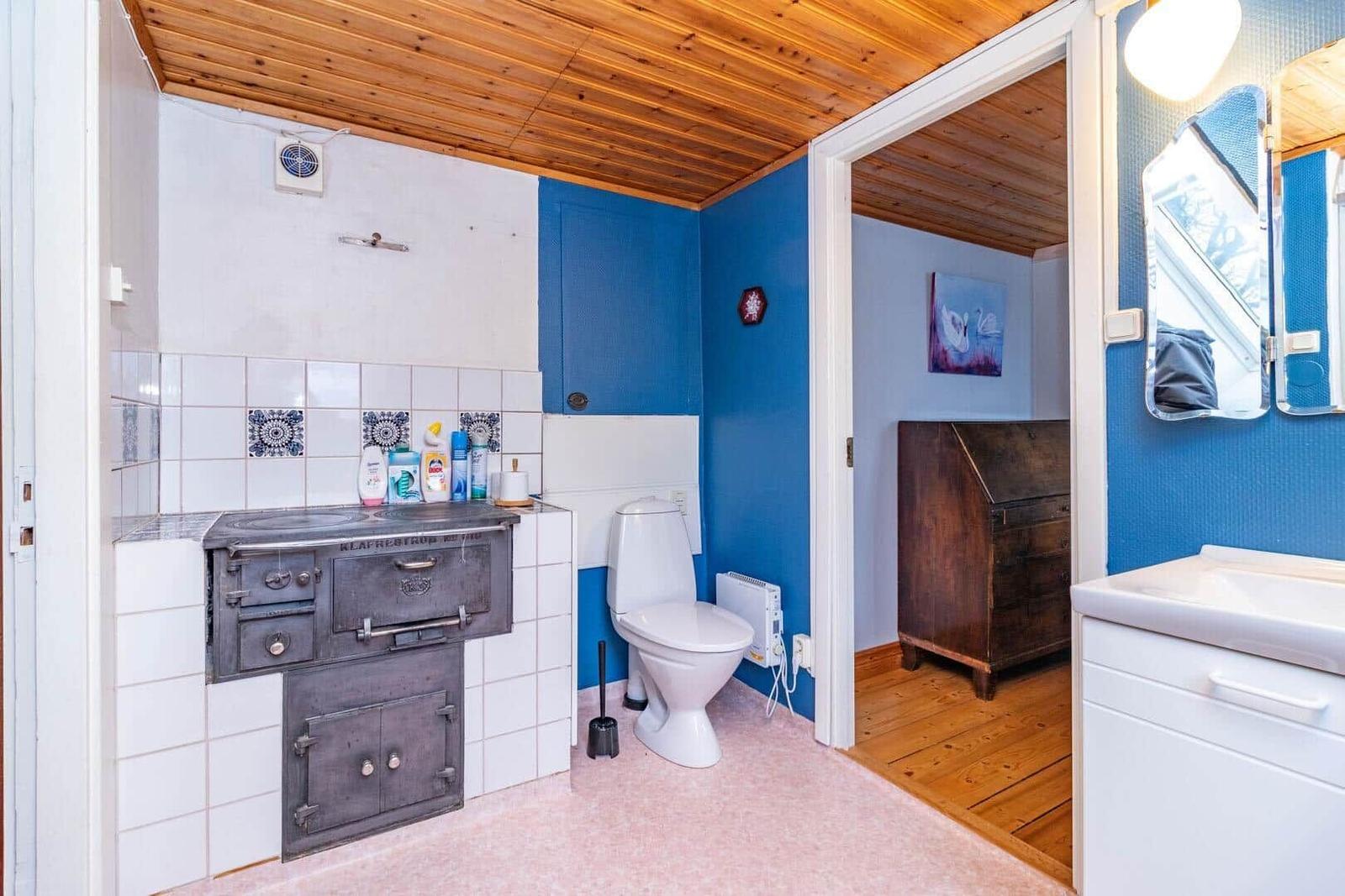 Badezimmer mit Toilette, Waschbecken und altem Ofen. Blaue Wände und Holzdecke.