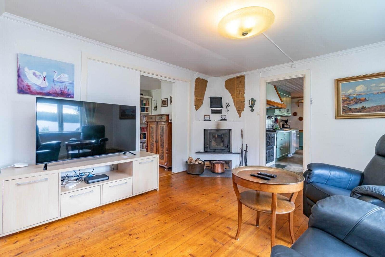 Wohnzimmer mit Holzboden, Fernseher, Kamin und Blick in Küche und Schlafzimmer.