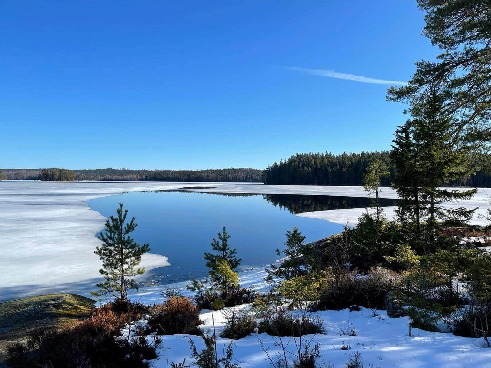 Schneebedeckter See mit Wald und klarem Himmel