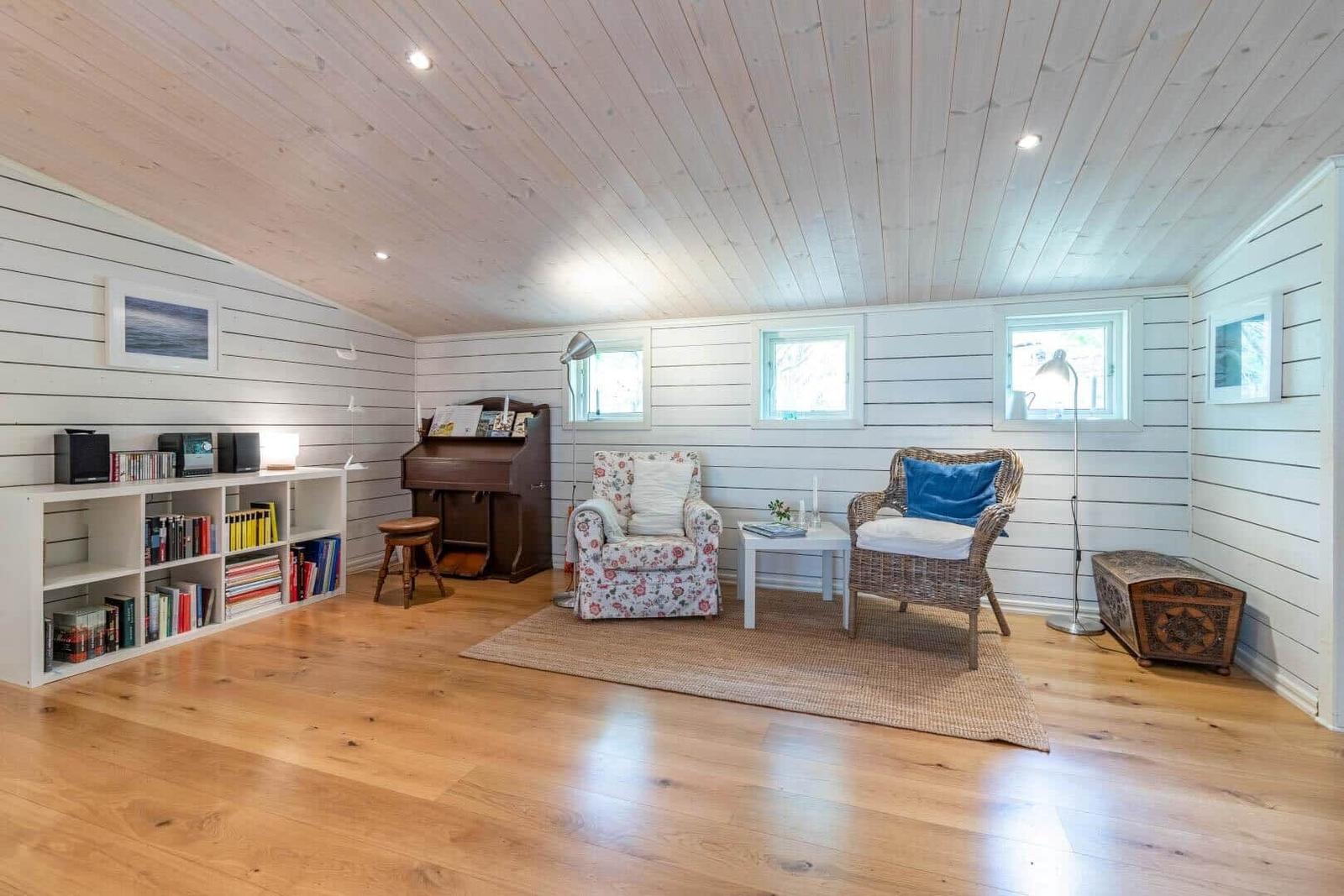 Room with wooden floor, white walls, two chairs, and a piano.