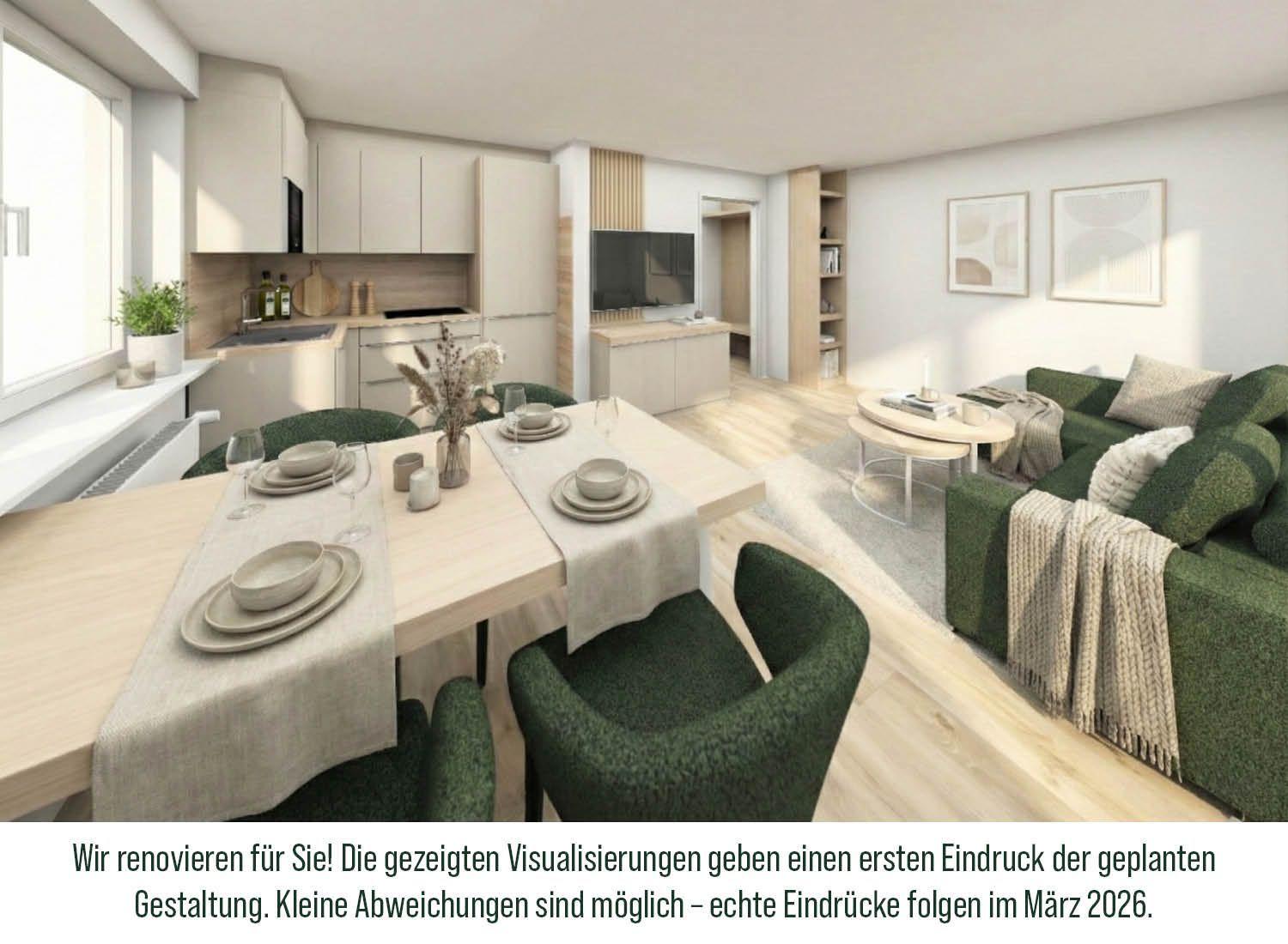 Modern eingerichtetes Wohnzimmer mit Essbereich und Küche. Grüner Sofa, Holzboden und Fenster.
