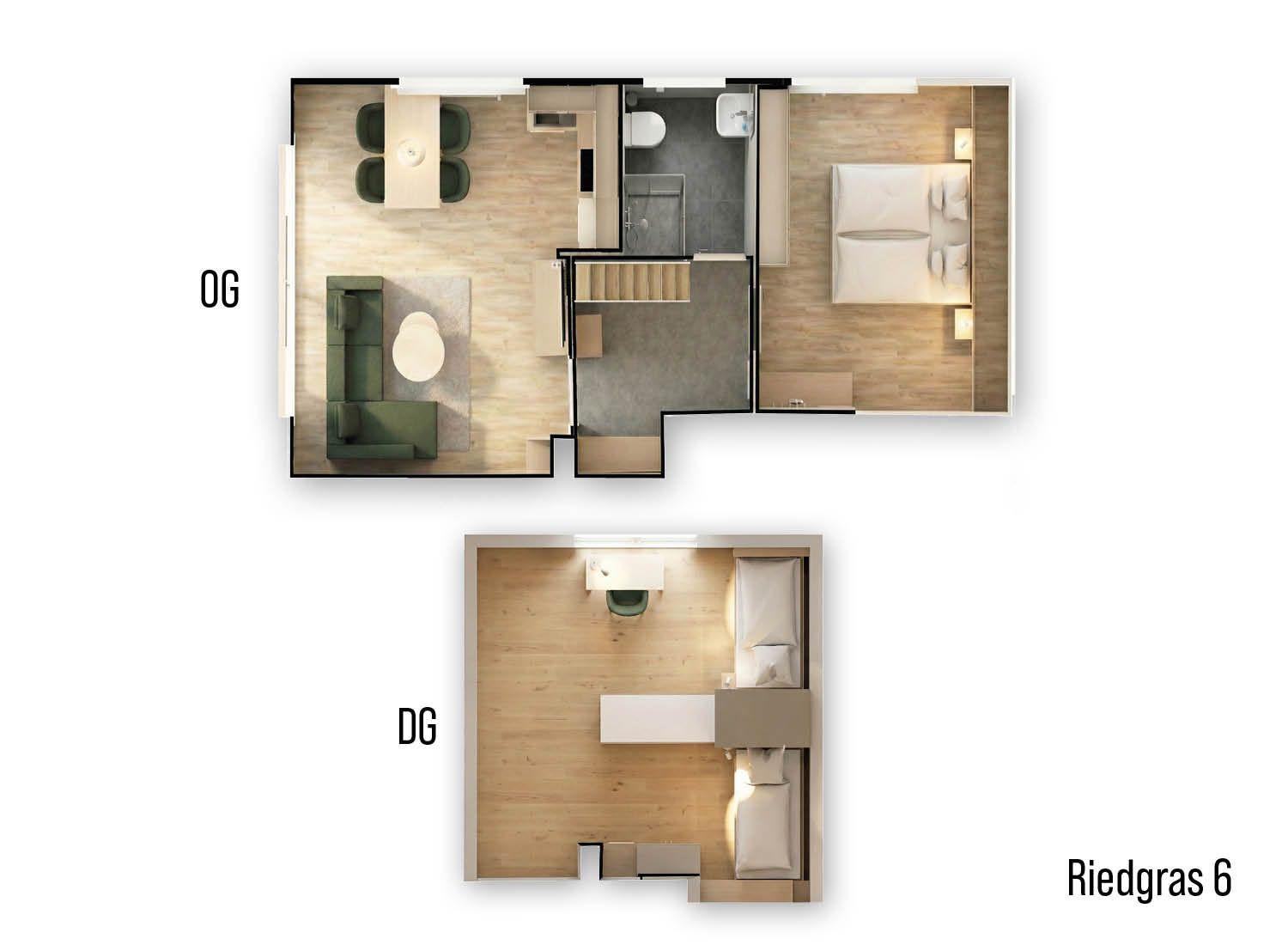 Obergeschoss mit Schlafzimmer, Wohnbereich und Bad. Untergeschoss mit Schlafzimmer und Bad.