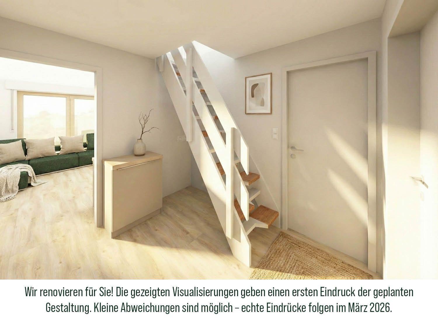 Haus mit Treppe und Eingangsbereich. Wohnbereich mit Sofa und Fenster sichtbar.
