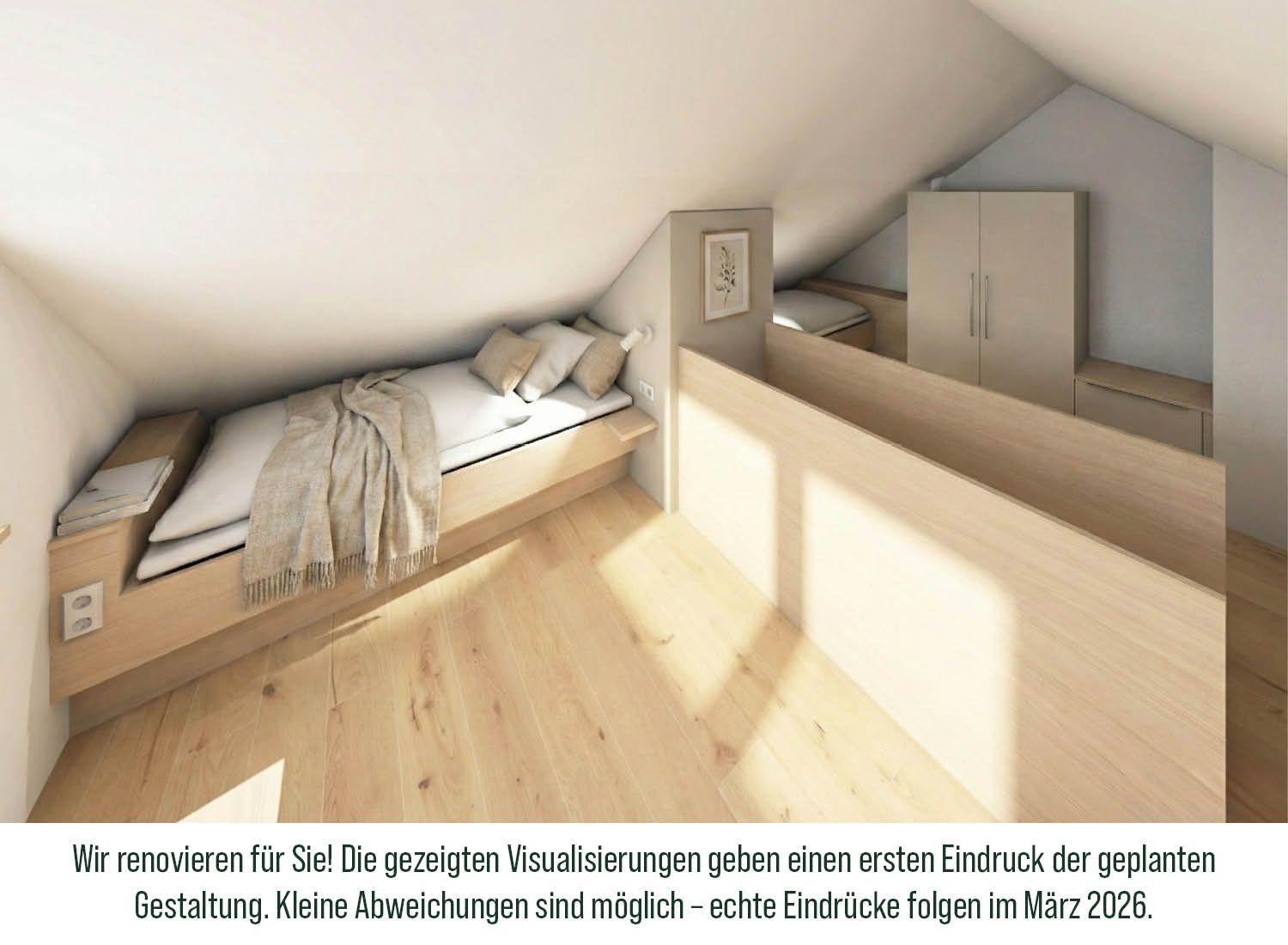 Schlafzimmer mit Einbaubett, Kleiderschrank und Holzboden unter Dachschrägen.