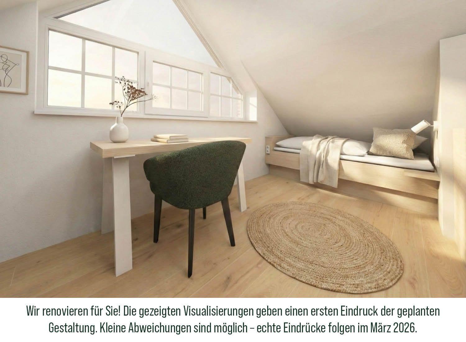 Schlafzimmer mit Dachschrägen, Schreibtisch, grüner Stuhl und Bett unter Dachschräge.