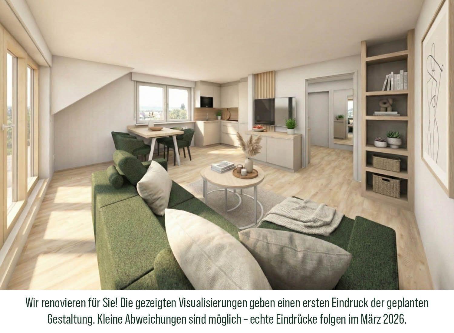 Wohnung mit grünem Sofa, Essbereich und Küche. Holzboden und große Fenster.