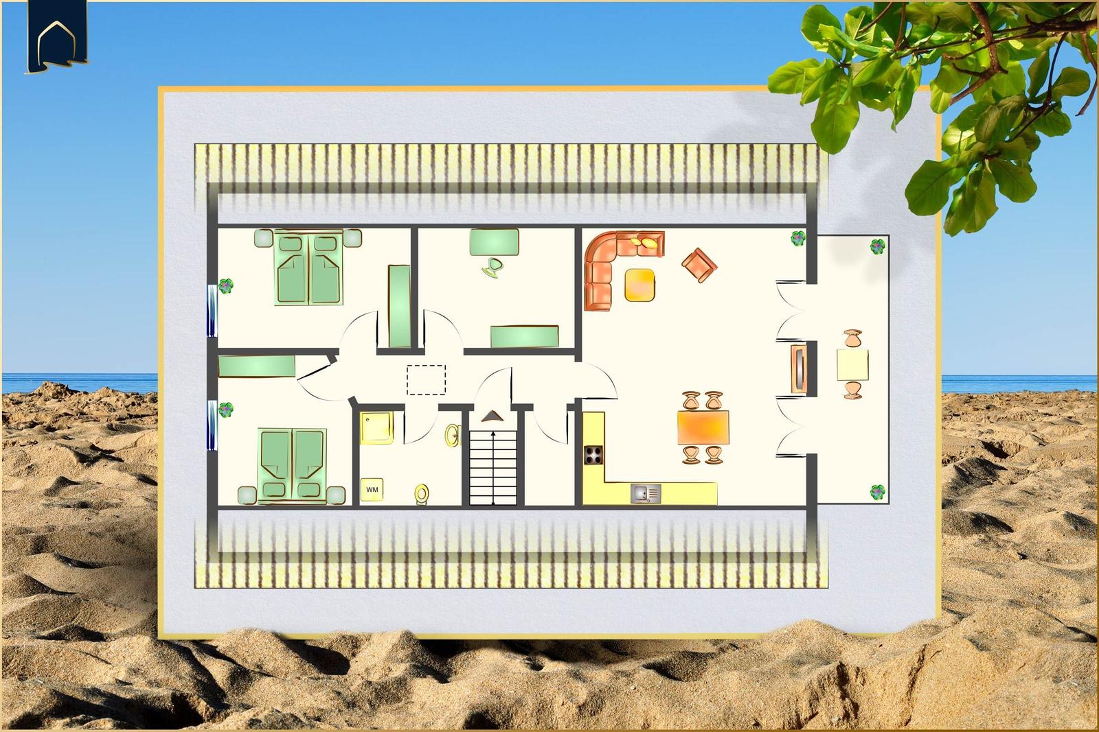 Funktionaler Grundriss einer Ferienwohnung mit Schlafzimmer, Küche und Bad.