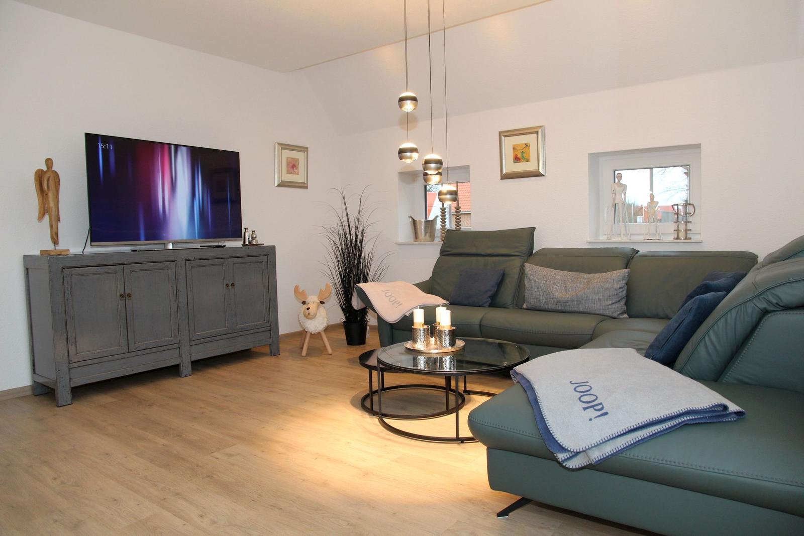 Wohnzimmer mit grünem Sofa, Fernseher und Glas-Tisch.