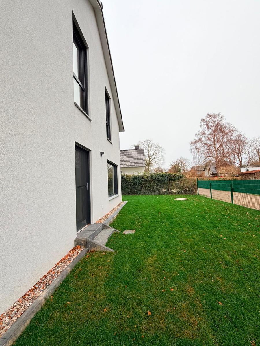 Hinterhof mit Rasenfläche, Eingangstür und Fenstern an der Hauswand.