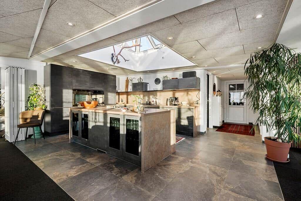 Modern kitchen with island, glass fronts, and skylight. Large plants and stone floor.
