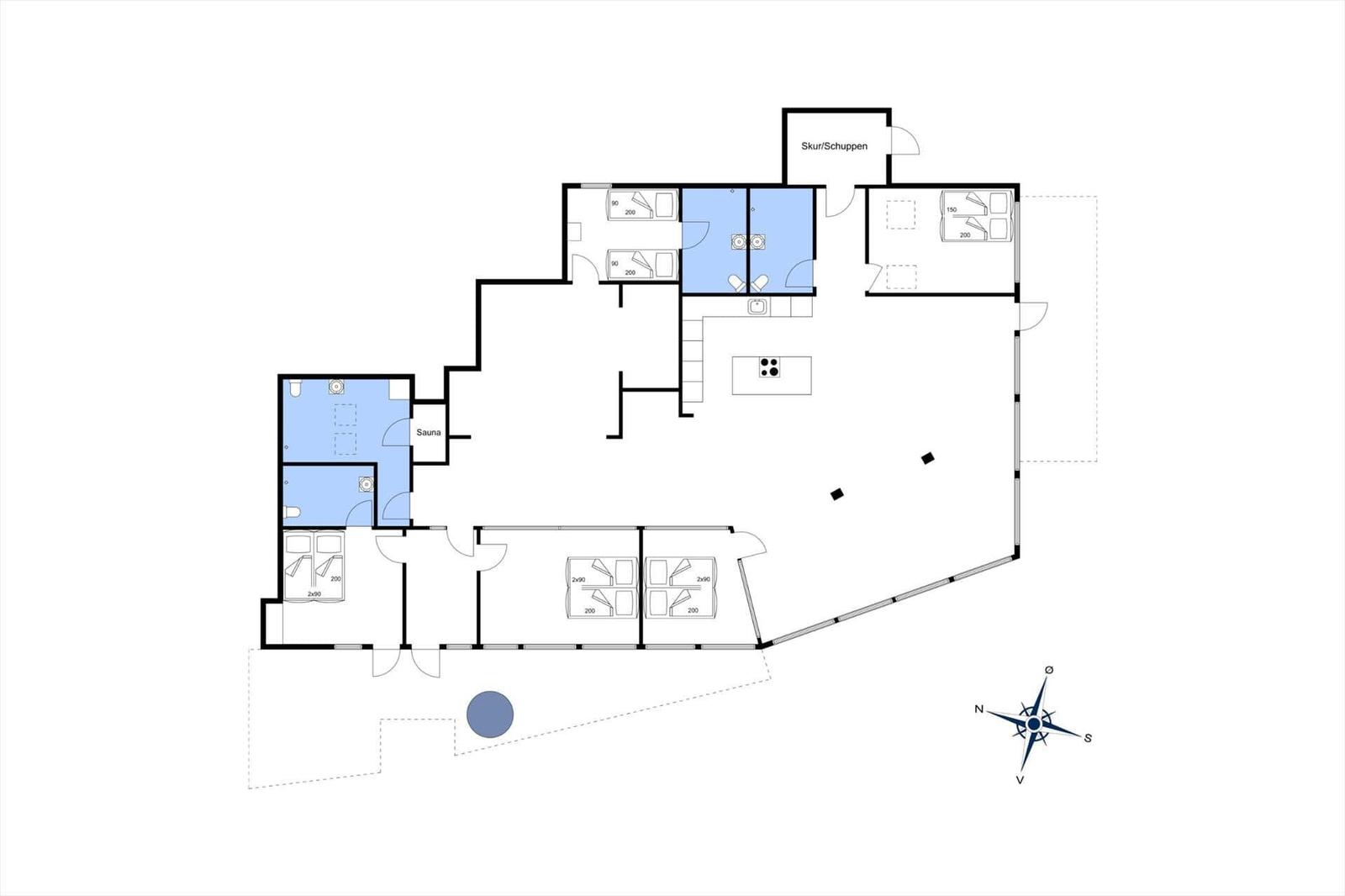 Functional floor plan with sauna, kitchen, and multiple bedrooms.