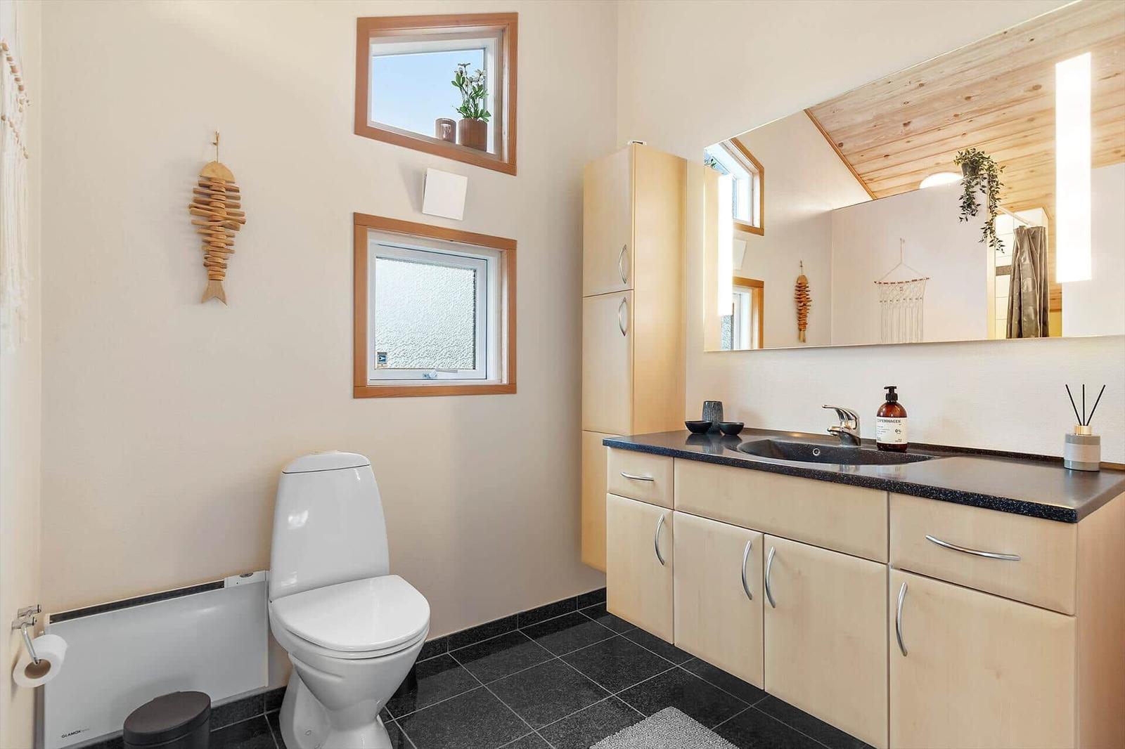 Bathroom with toilet, sink, and two windows. Wooden furniture and mirror.