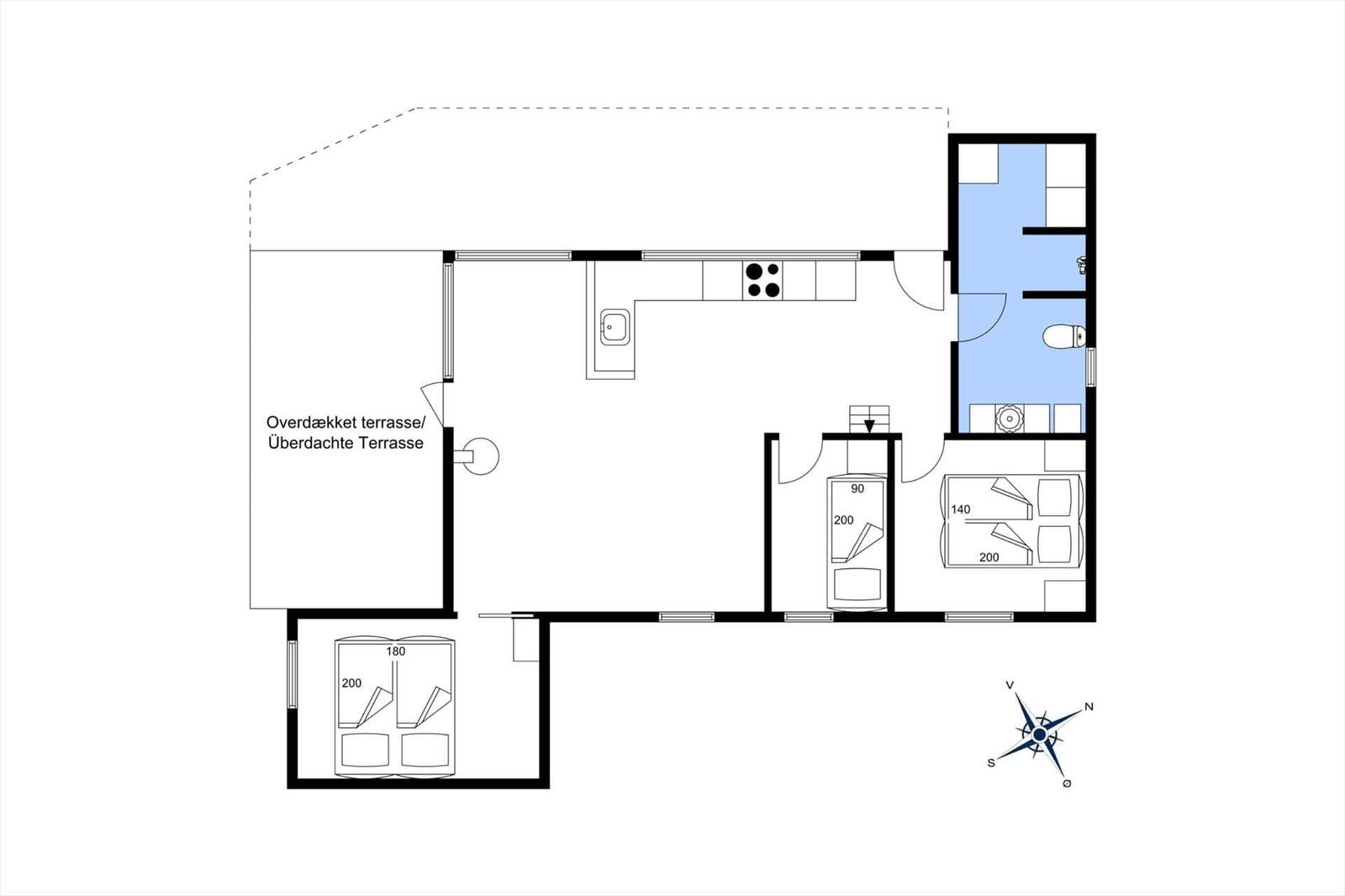 Apartment with kitchen, bathroom, bedroom, and covered terrace.