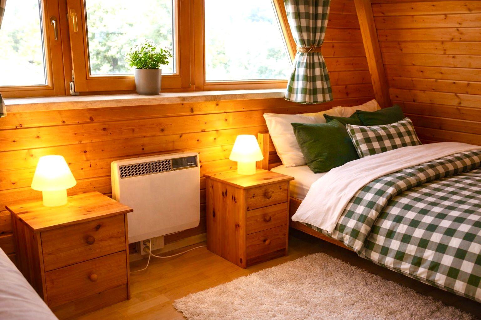 zweites Schlafzimmer mit einem kleinem Bett jeweils links und rechts im Zimmer