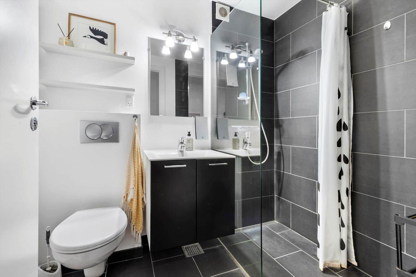 Bathroom with shower, sink and toilet. Black tiles and white walls.