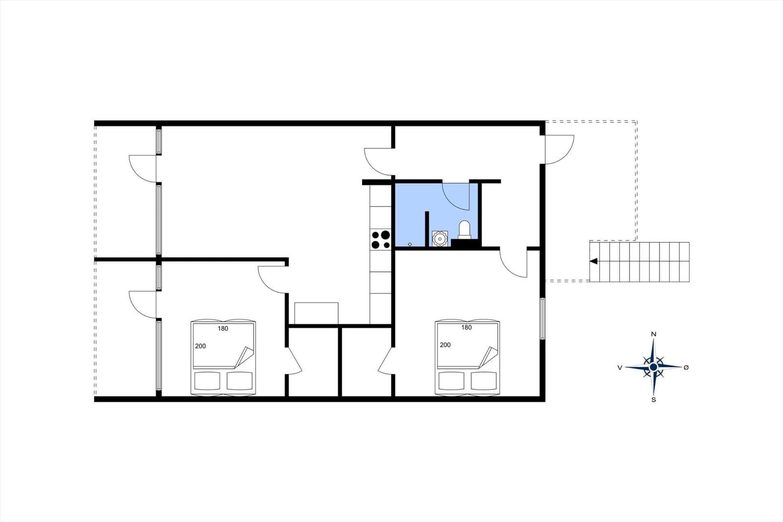 Two bedrooms, kitchen, and bathroom with shower and toilet. Outdoor area with terrace.