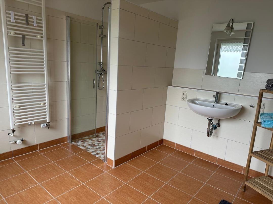 Badezimmer mit Dusche, Waschbecken und Heizkörper