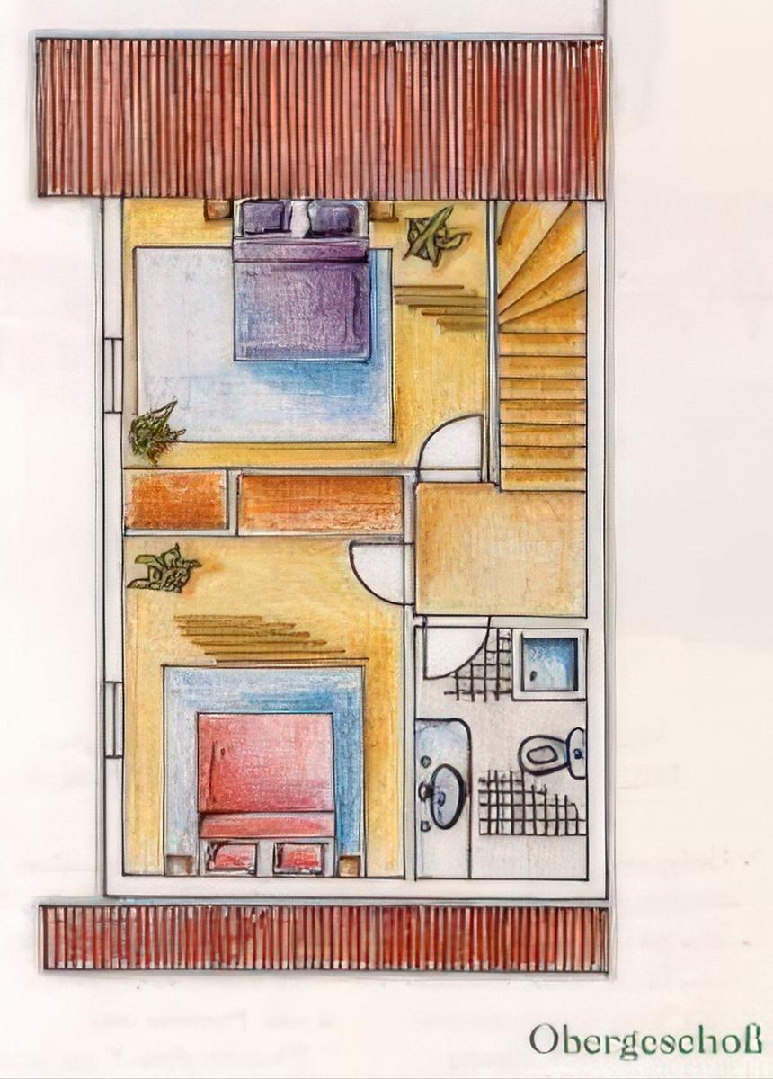 Obergeschoss mit Schlafzimmer, Bad und Treppe.