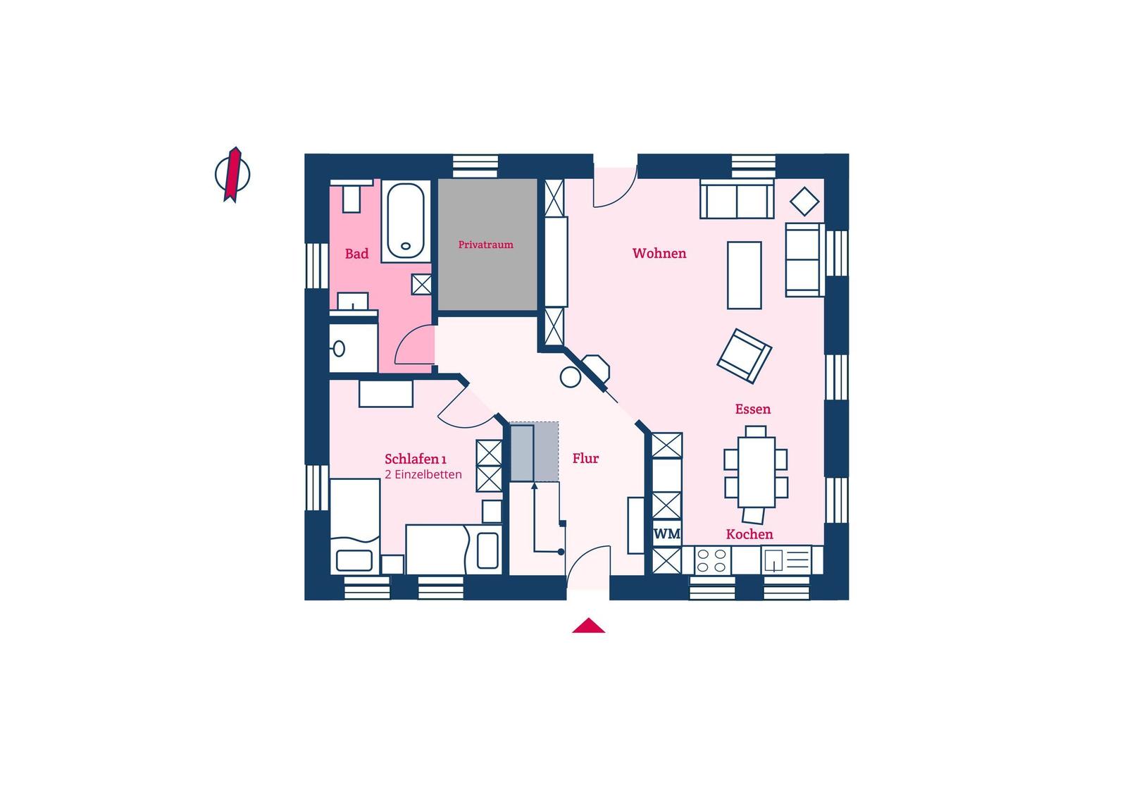 Apartment with living and dining area, kitchen, bedroom, and bathroom.