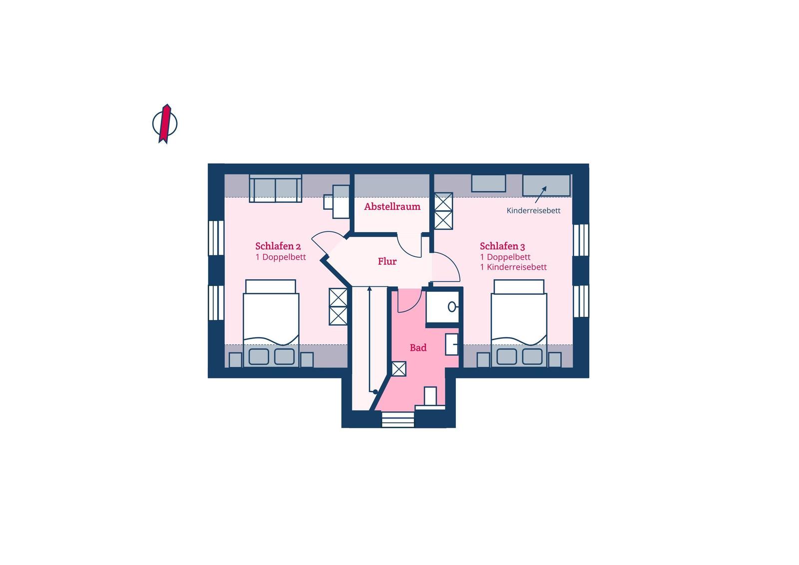 Apartment with two bedrooms, bathroom, and hallway.