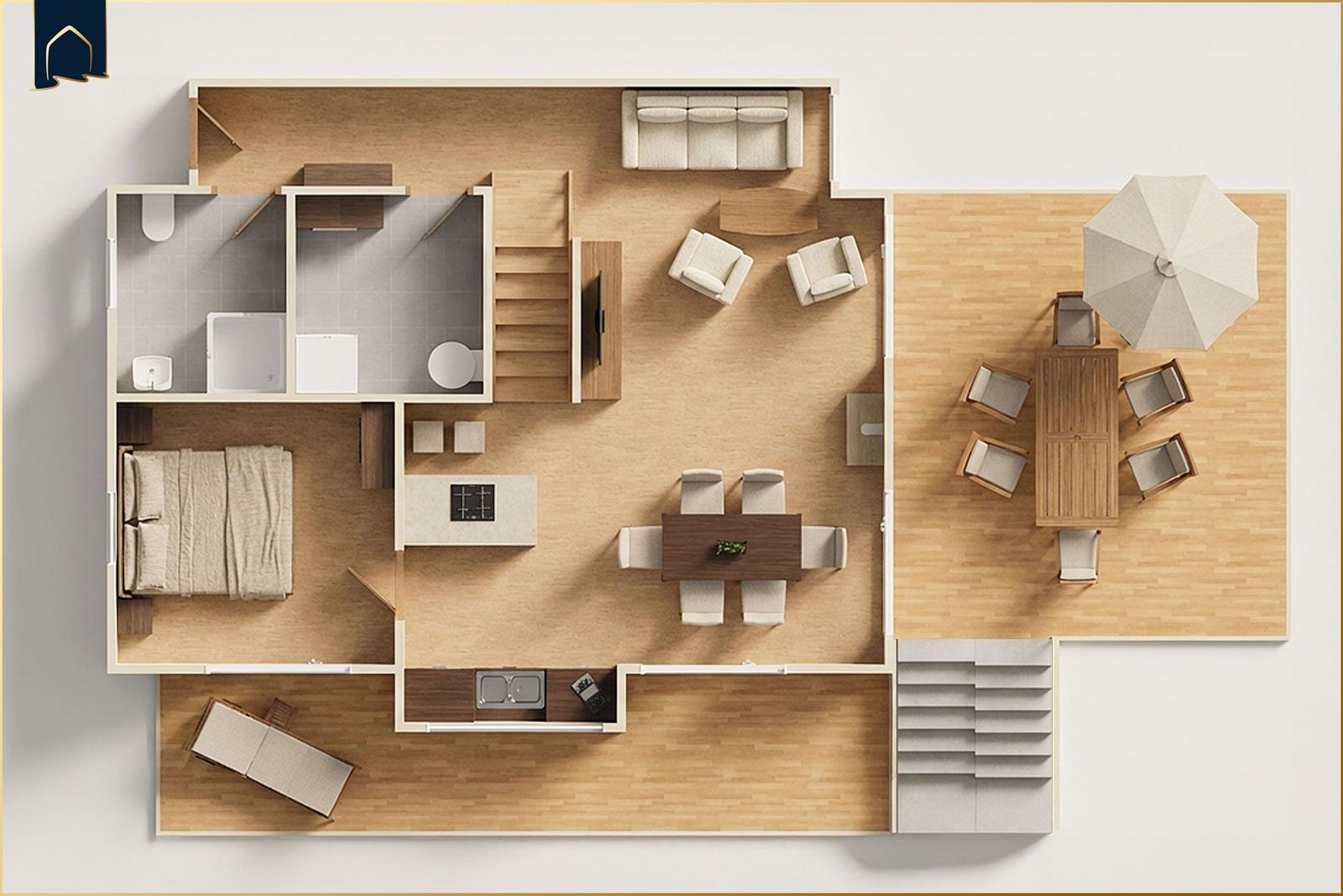 Wohnung mit Küche, Schlafzimmer, Bad und Terrasse mit Tisch und Sonnenschirm.