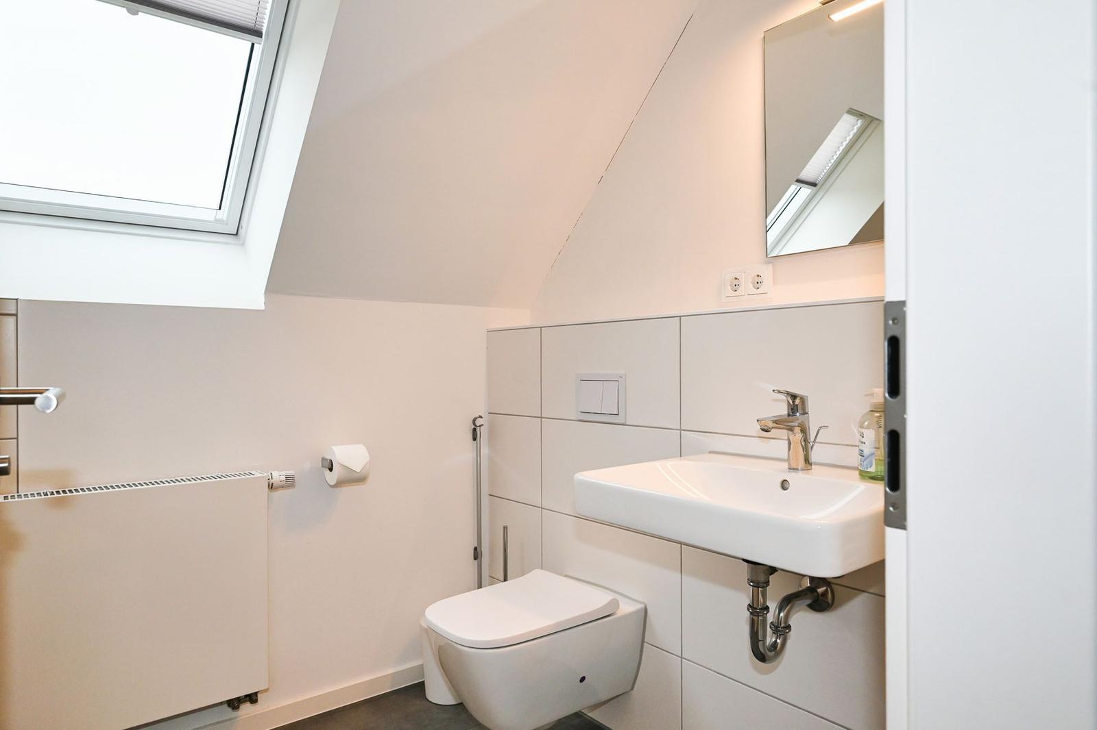 Badezimmer mit Toilette, Waschbecken und Dachfenster. Wandfliesen und Spiegel.