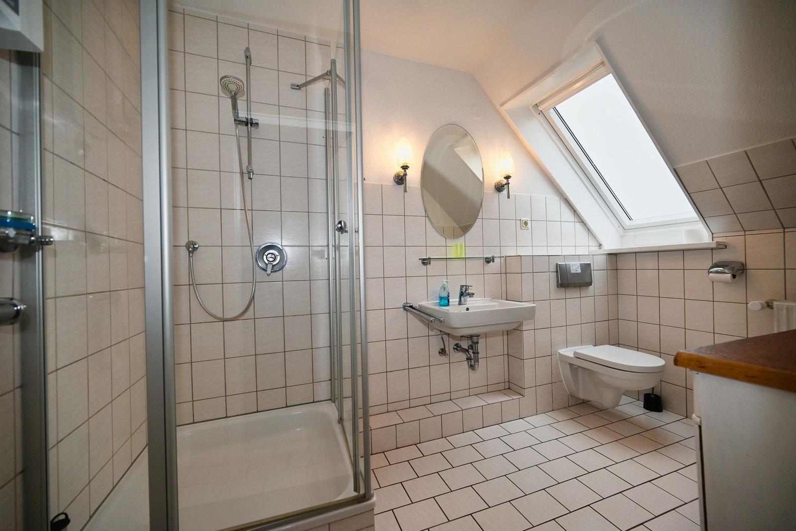 Badezimmer mit Dusche, Waschbecken und WC unter Dachschrägen mit Dachfenster.