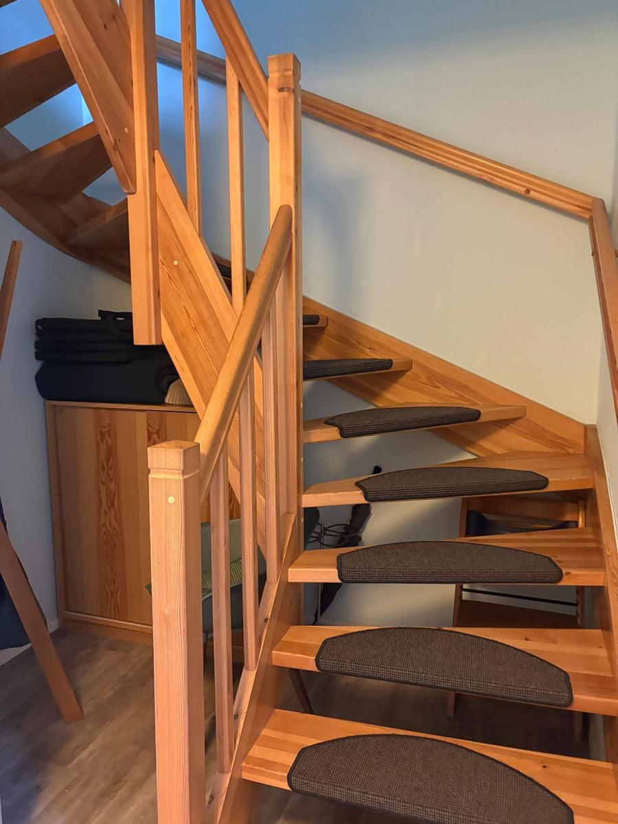 Holztreppe mit Teppichstufen und Geländer führt nach oben.